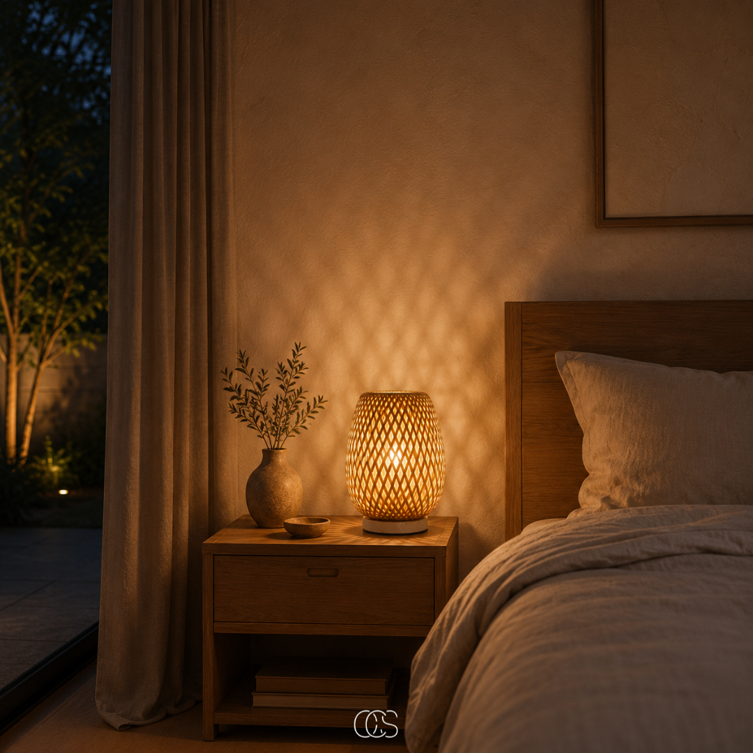 Lit woven bamboo lamp on a wooden bedside table next to a small vase, with a bed and linen curtain beside it. 3