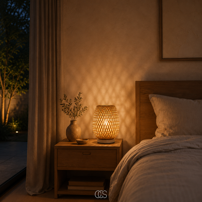 Lit woven bamboo lamp on a wooden bedside table next to a small vase, with a bed and linen curtain beside it. 3
