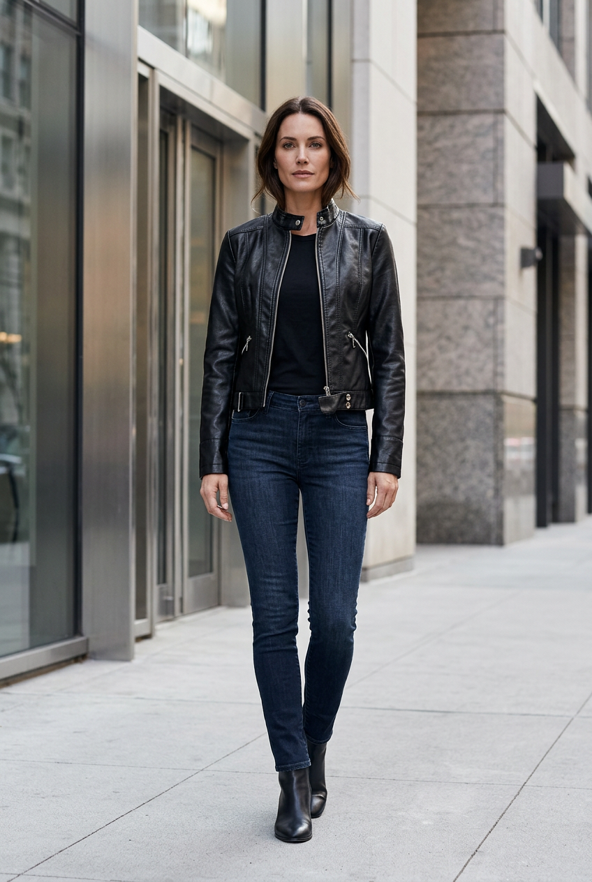 Woman wearing the black cropped jacket zipped over a black top, dark jeans and ankle boots on a city pavement 1