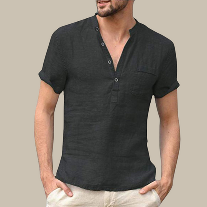 Men's Linen Shirt | V-Neck | Short Sleeves | Button Closure