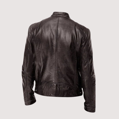Back view of the dark brown leather jacket, showing seam panels and waist tabs 7