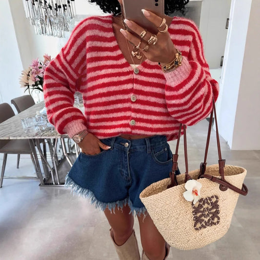 Oversized Striped V-Neck Womens Cardigan - Vicky