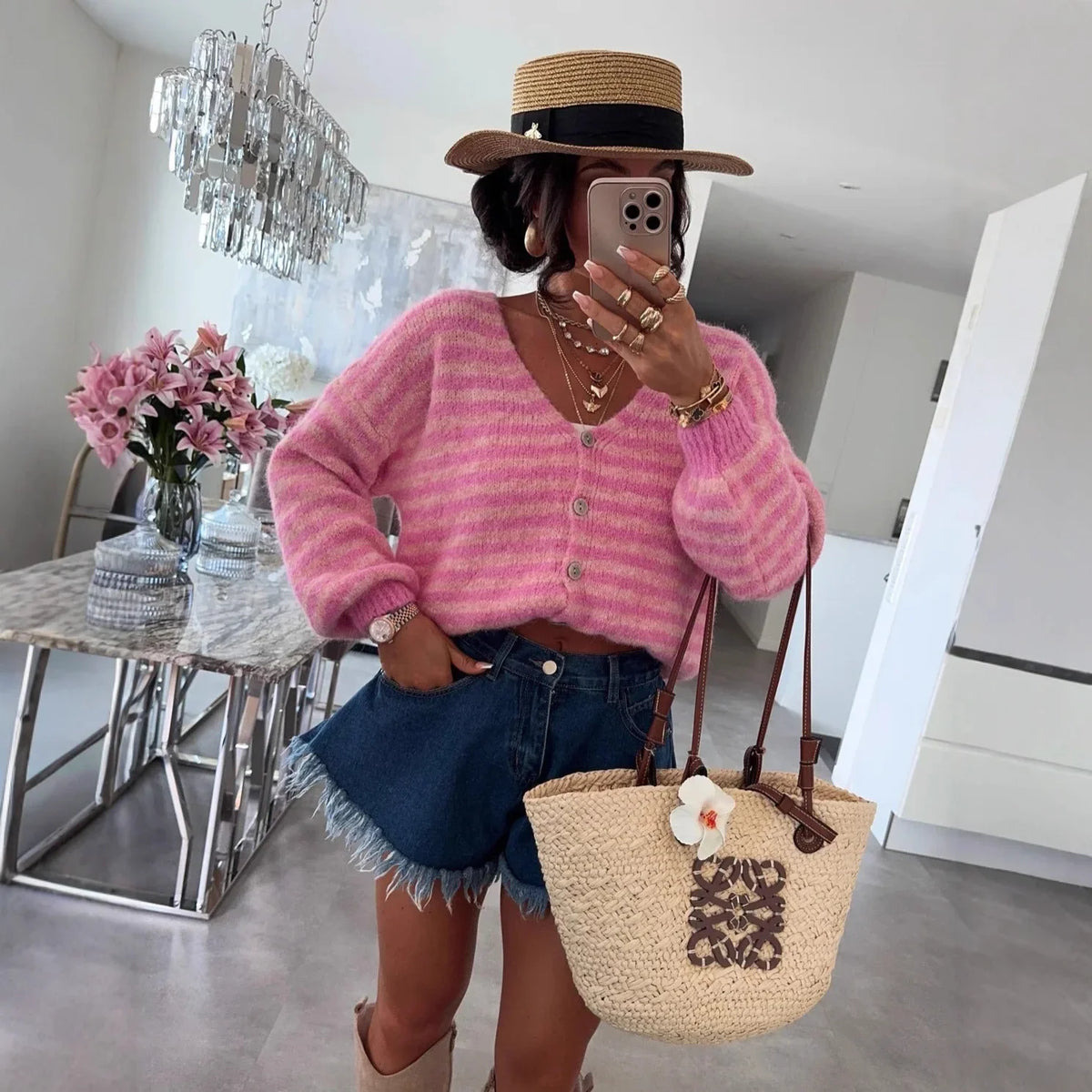 Oversized Striped V-Neck Womens Cardigan - Vicky