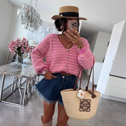 Oversized Striped V-Neck Womens Cardigan - Vicky