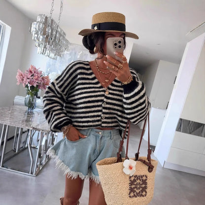 Oversized Striped V-Neck Womens Cardigan - Vicky