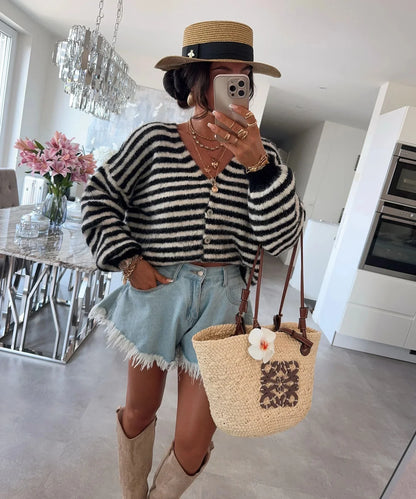 Oversized Striped V-Neck Womens Cardigan - Vicky