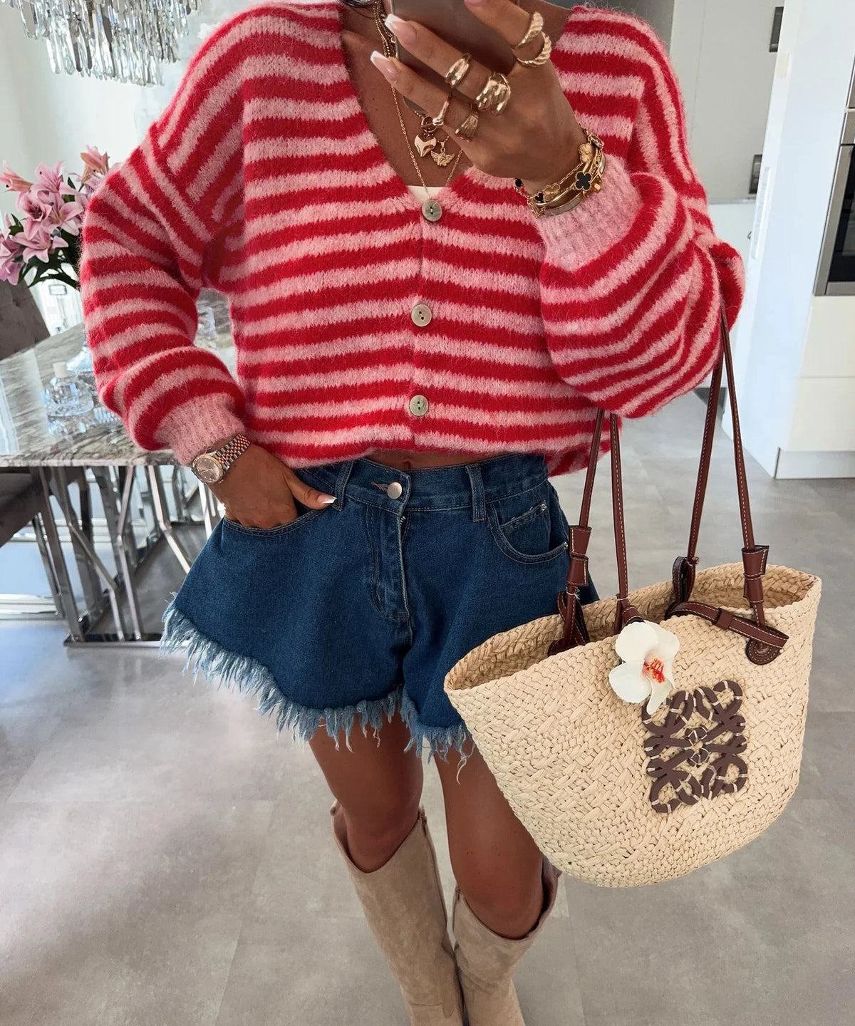 Oversized Striped V-Neck Womens Cardigan - Vicky