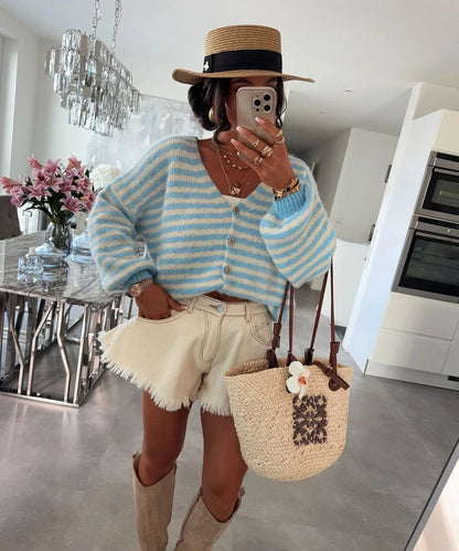 Oversized Striped V-Neck Womens Cardigan - Vicky