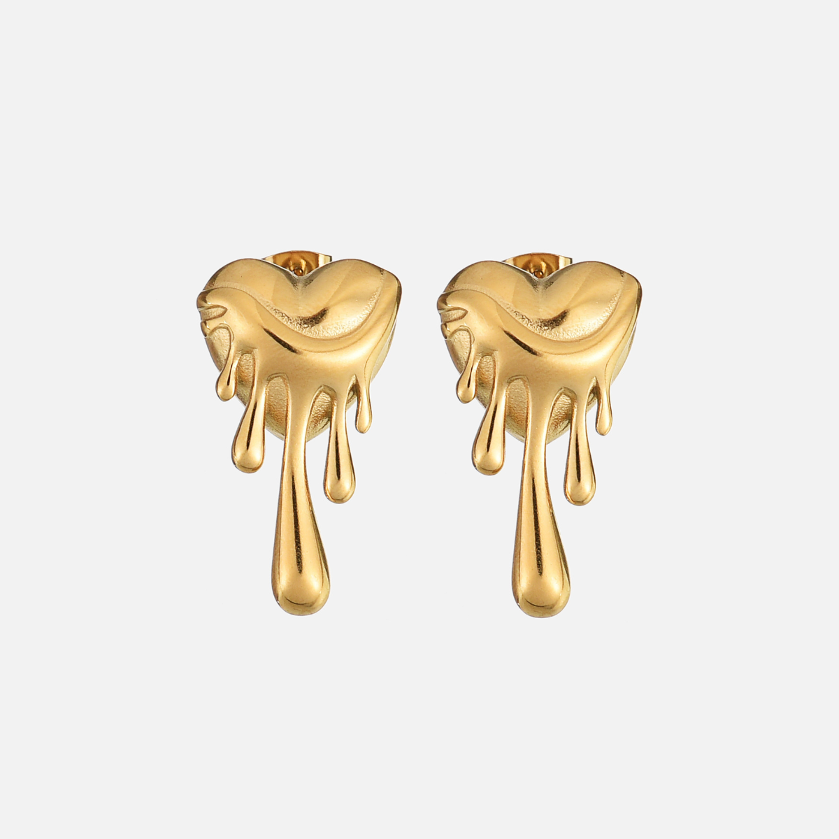 Pair of gold-tone melting heart stud earrings with glossy drips of varying lengths, shown from the front on a plain light background. 1
