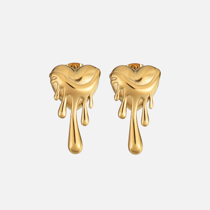 Pair of gold-tone melting heart stud earrings with glossy drips of varying lengths, shown from the front on a plain light background. 1