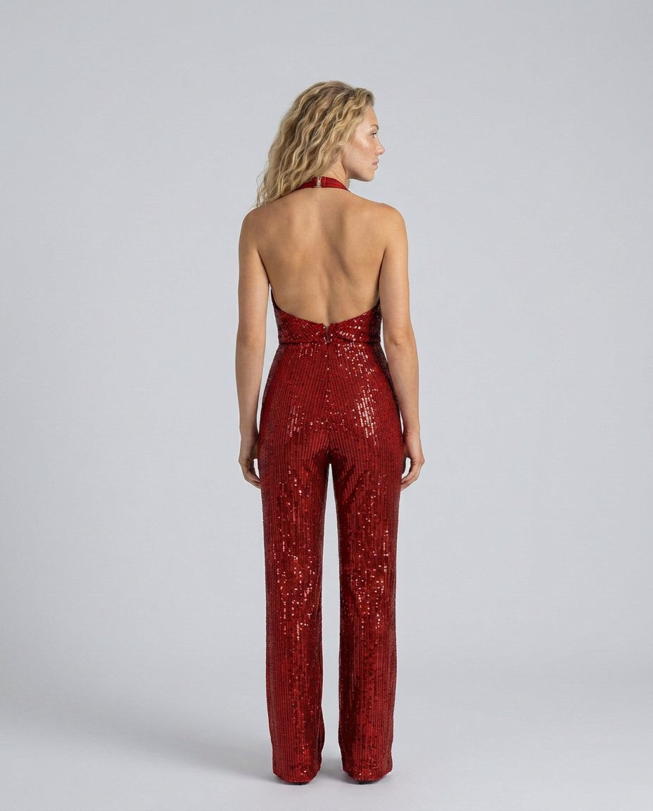 Back view of the red sequin jumpsuit showing the open back, halter fastening and zip 30