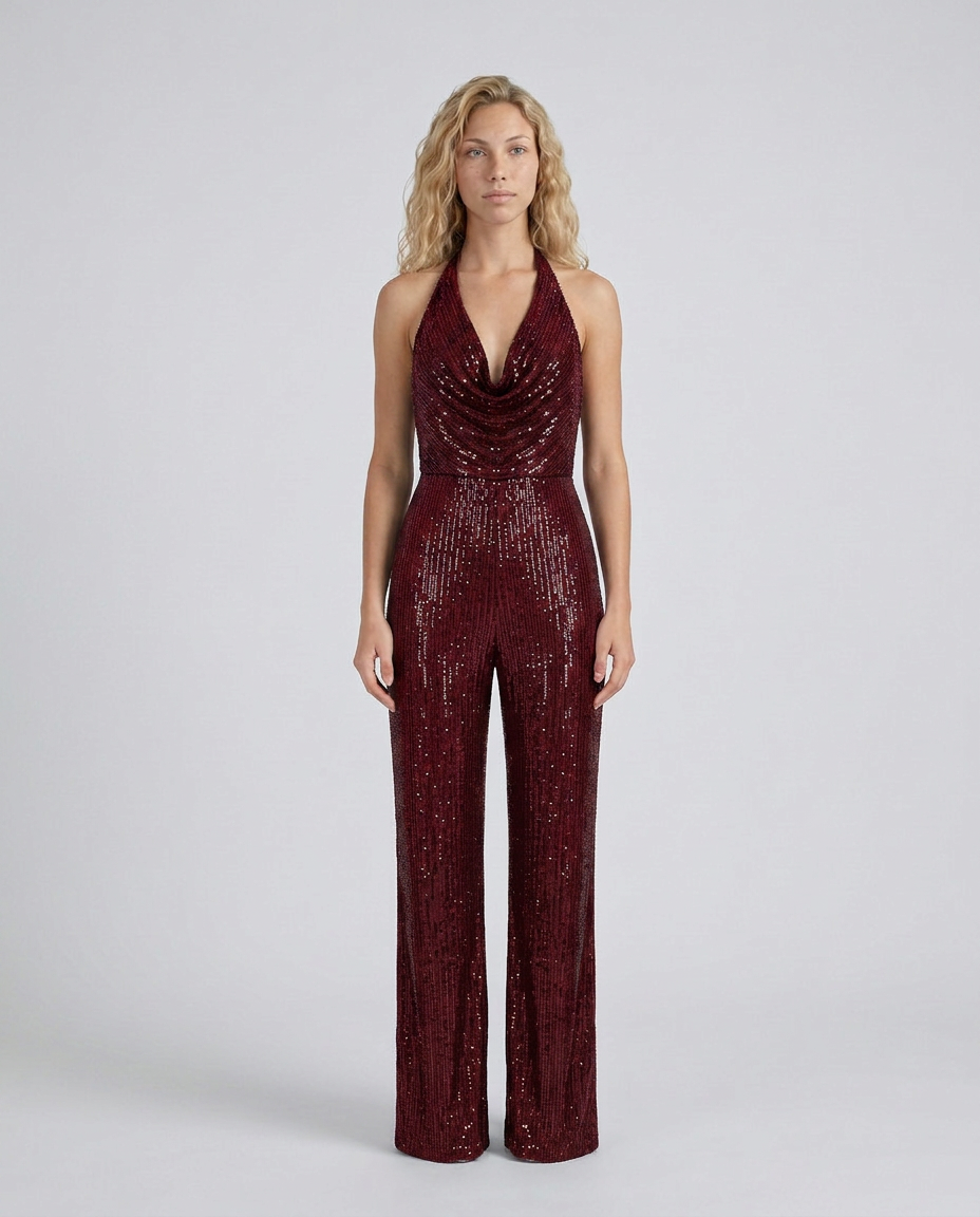 Front view of the burgundy sequin halter jumpsuit with cowl neckline and wide legs 25