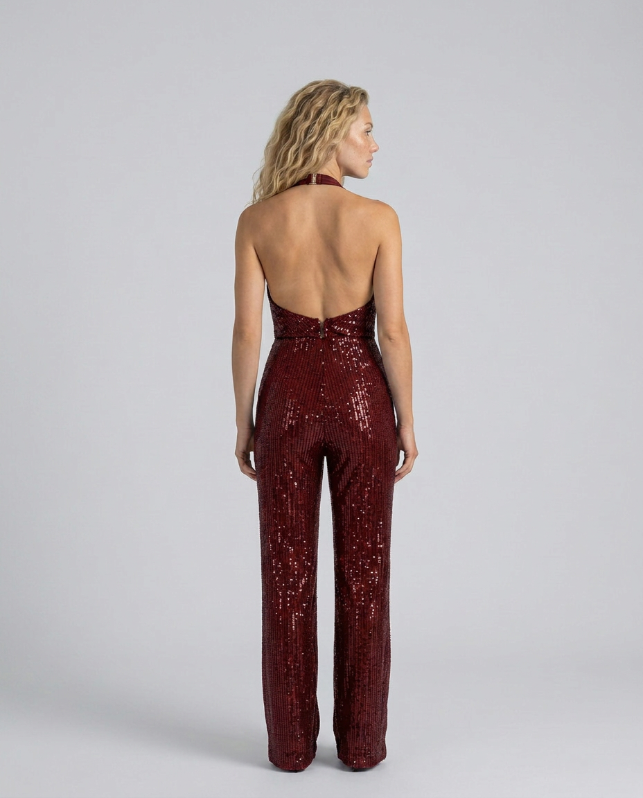 Back view of the burgundy sequin jumpsuit showing the open back, halter fastening and zip 26