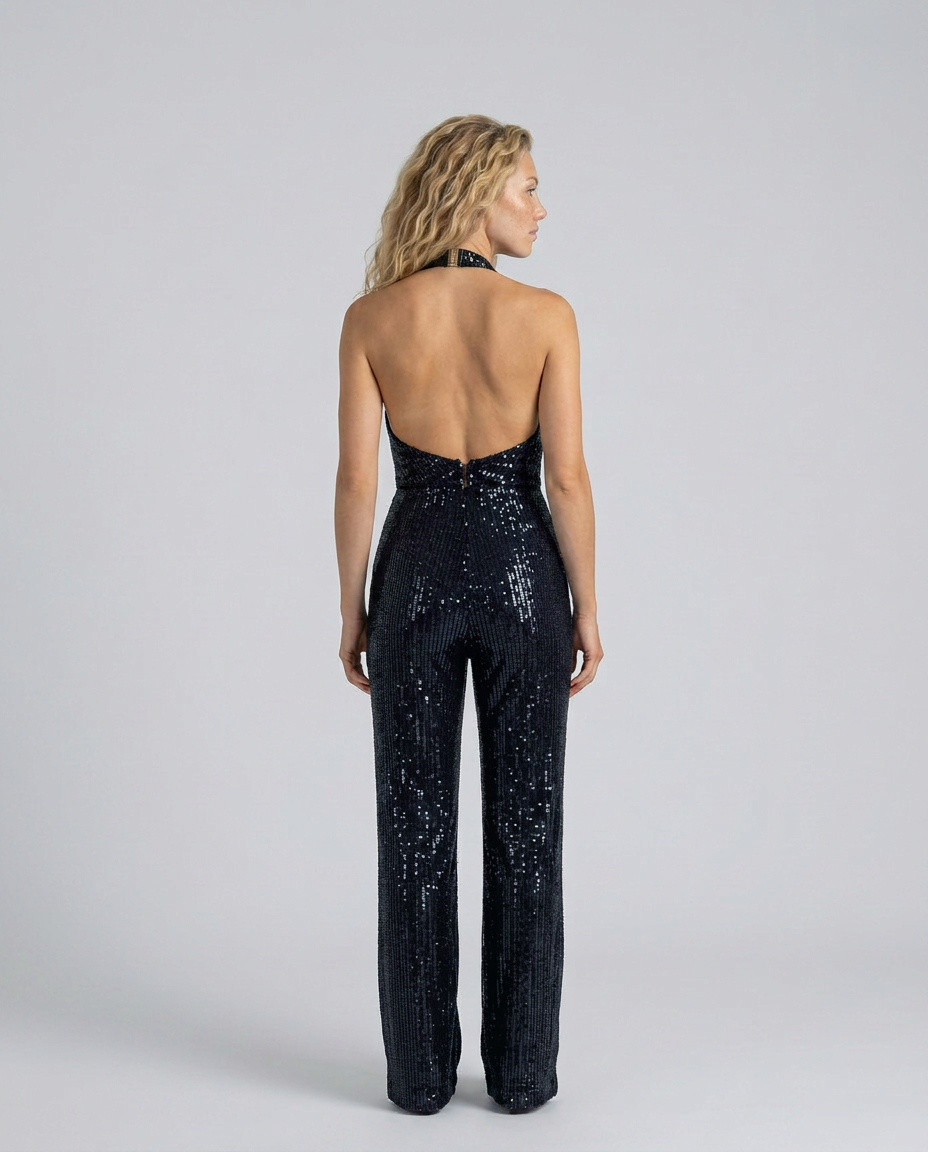 Back view of the black sequin jumpsuit with open back, halter strap and centre zip 10