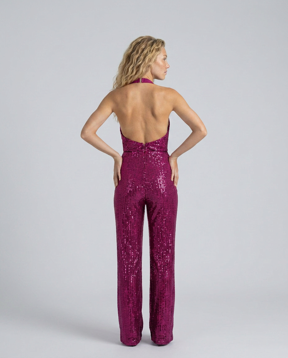 Back view of the magenta sequin jumpsuit with open back, model's hands resting on her hips 18