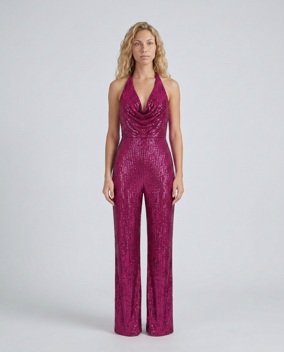 Magenta sequin halter jumpsuit with cowl neckline and wide legs, front view on a model 17