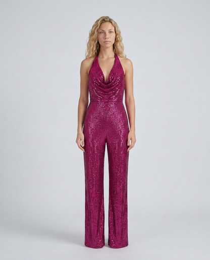 Magenta sequin halter jumpsuit with cowl neckline and wide legs, front view on a model 17