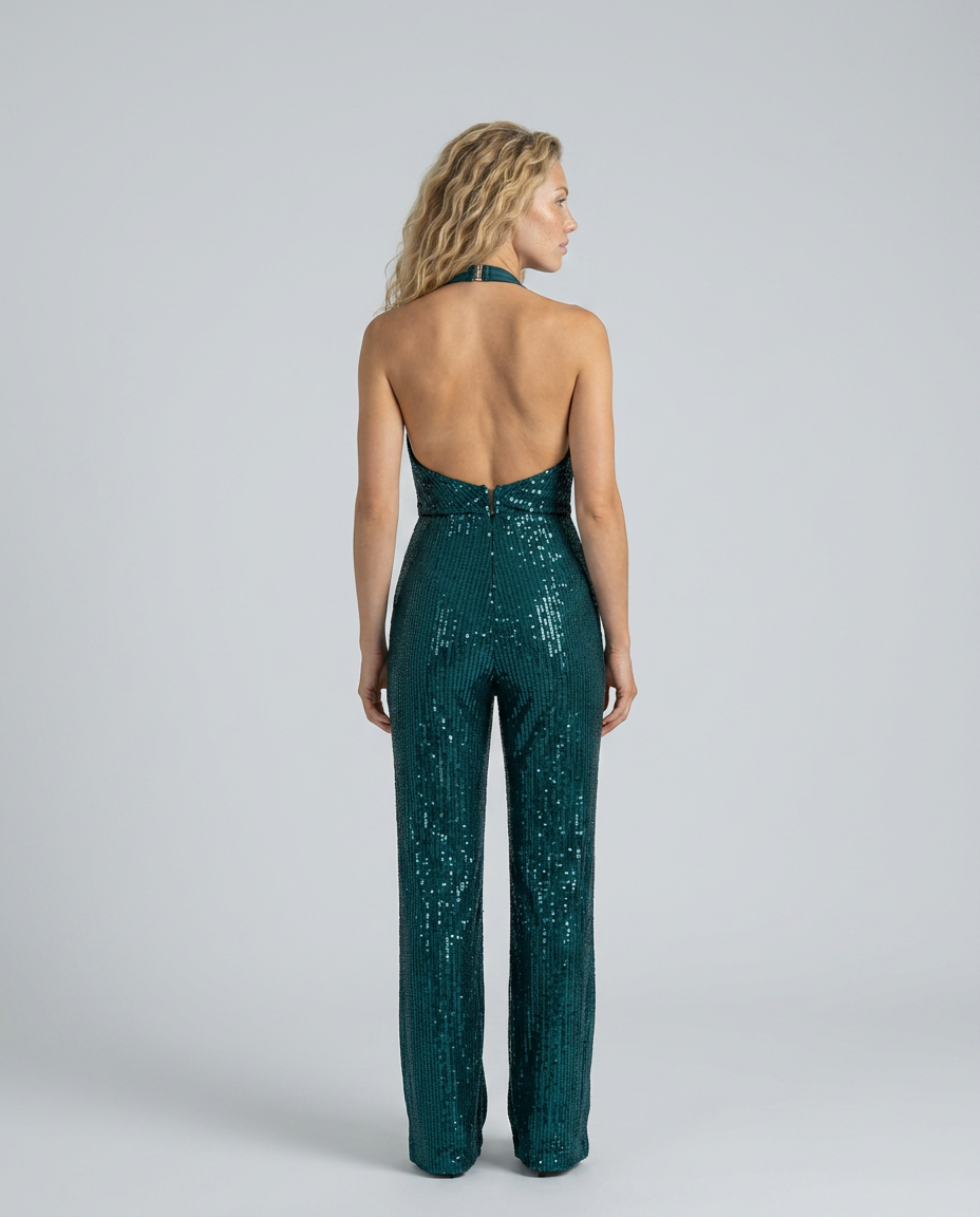 Back view of the emerald green sequin jumpsuit showing the open back, halter tie and zip 2