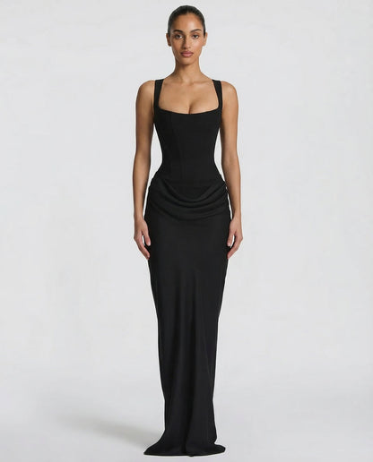 Corset Maxi Dress with Draped Skirt and Lace-Up Back 1