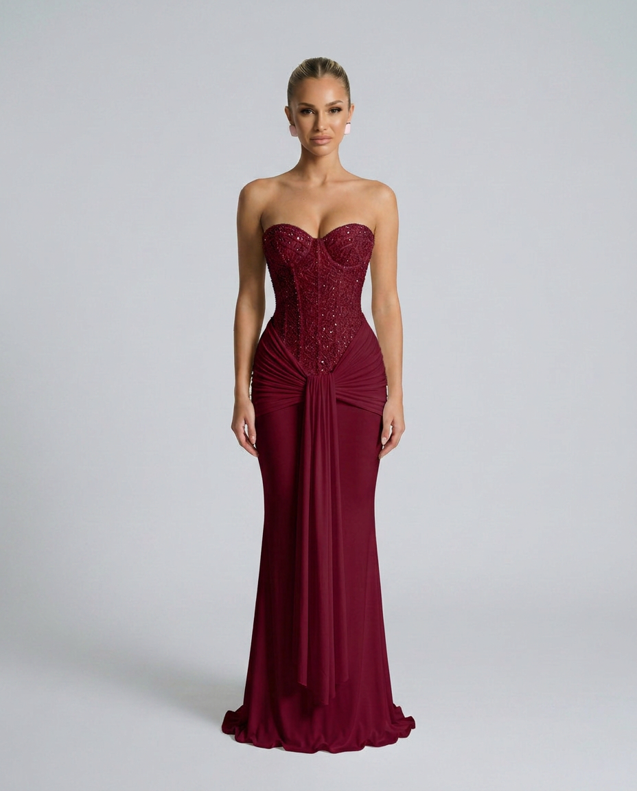 Model facing forward in the burgundy version, with a sparkling beaded bodice and draped waist panel 3