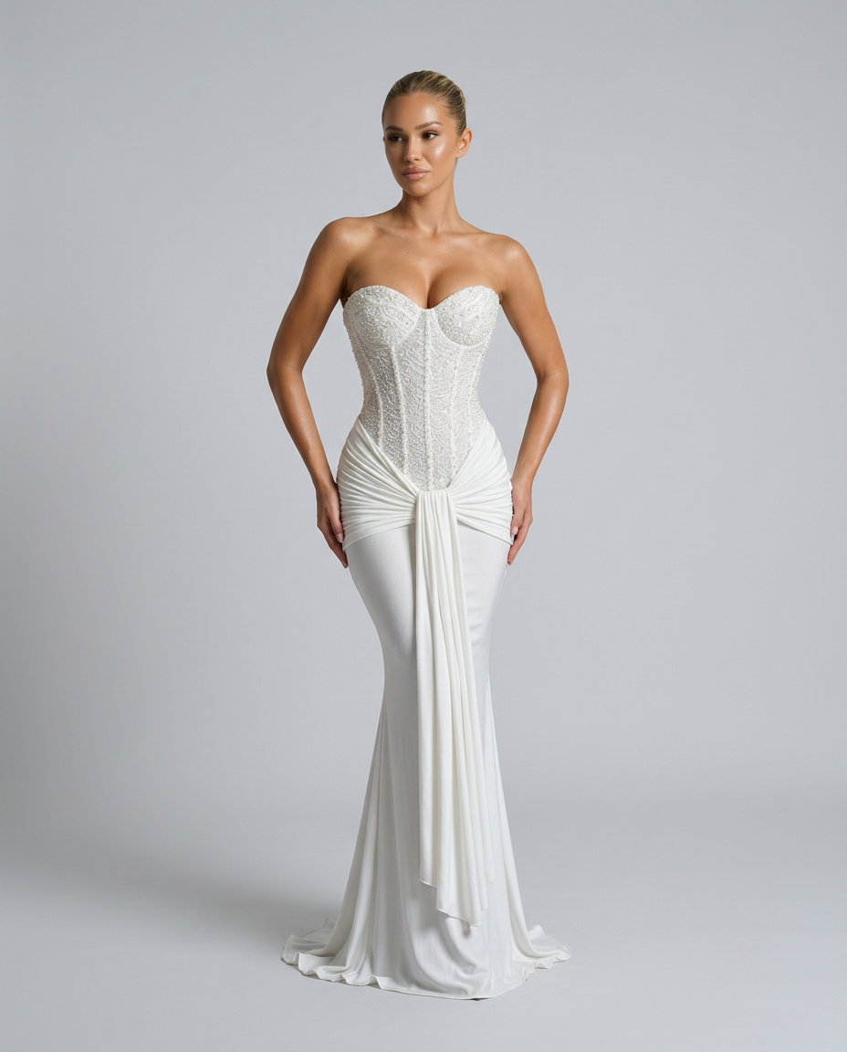 Model in the white fitted gown with hands by her hips, showing the beaded bodice and flared skirt 8