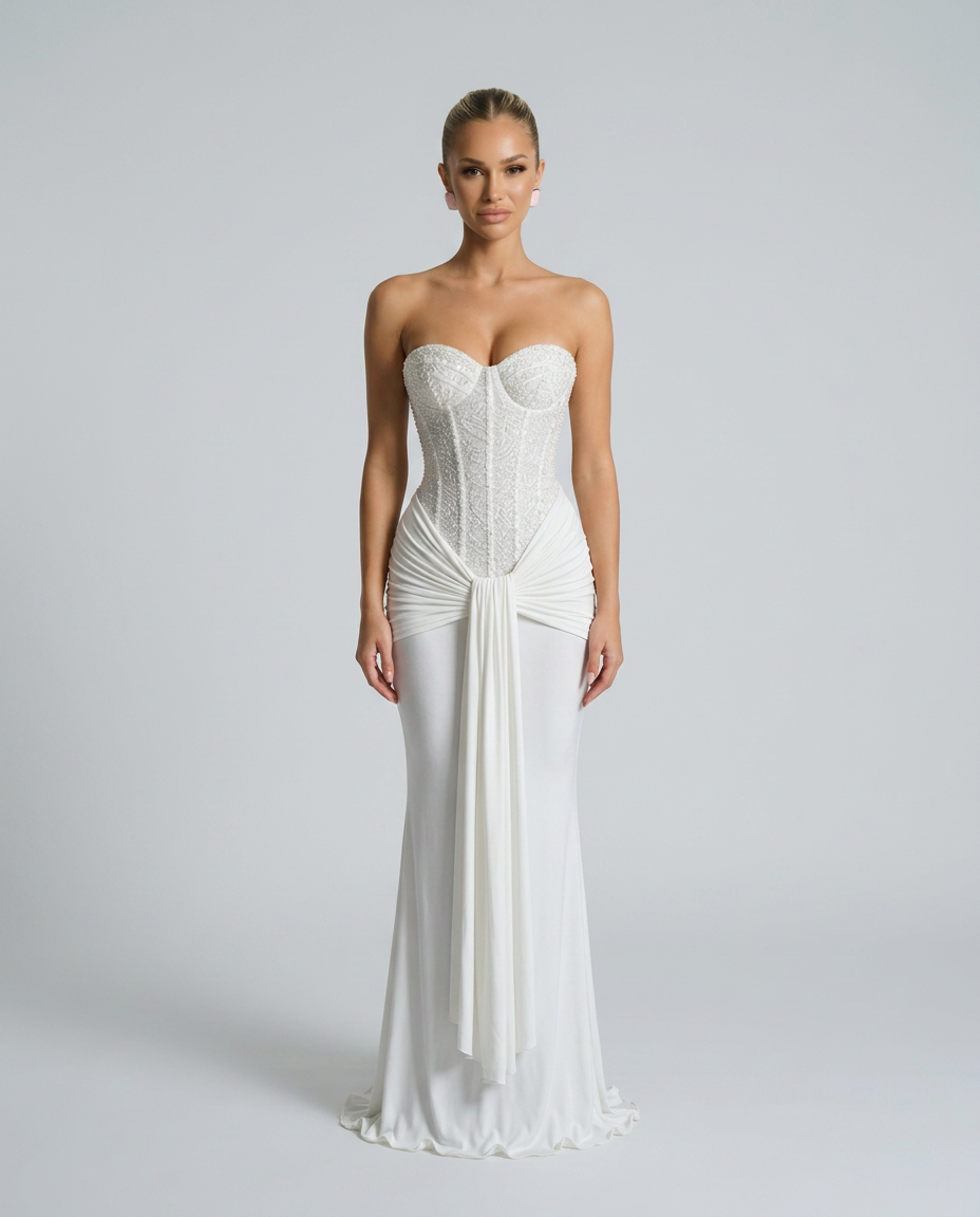 Model facing forward in the white pearl-beaded corset maxi dress with a draped waist panel 6