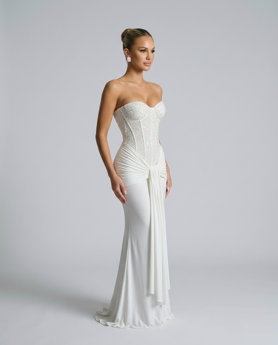 White beaded corset maxi dress worn in three-quarter view, showing the draping and flowing hem 7