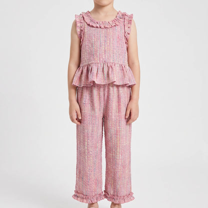 Pastel Plaid Ruffle Trim Top And Trouser Set - Miralis