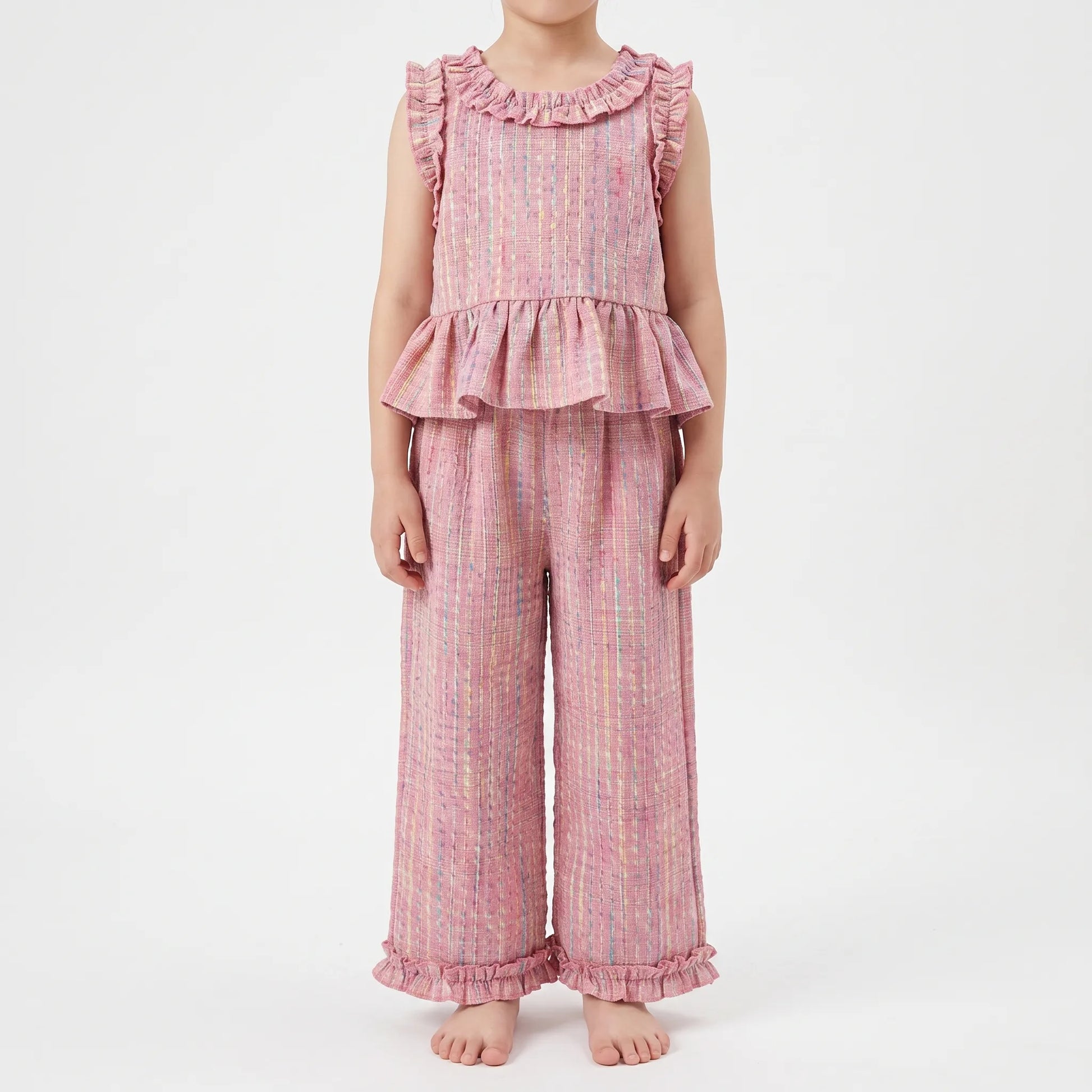 Pastel Plaid Ruffle Trim Top And Trouser Set - Miralis