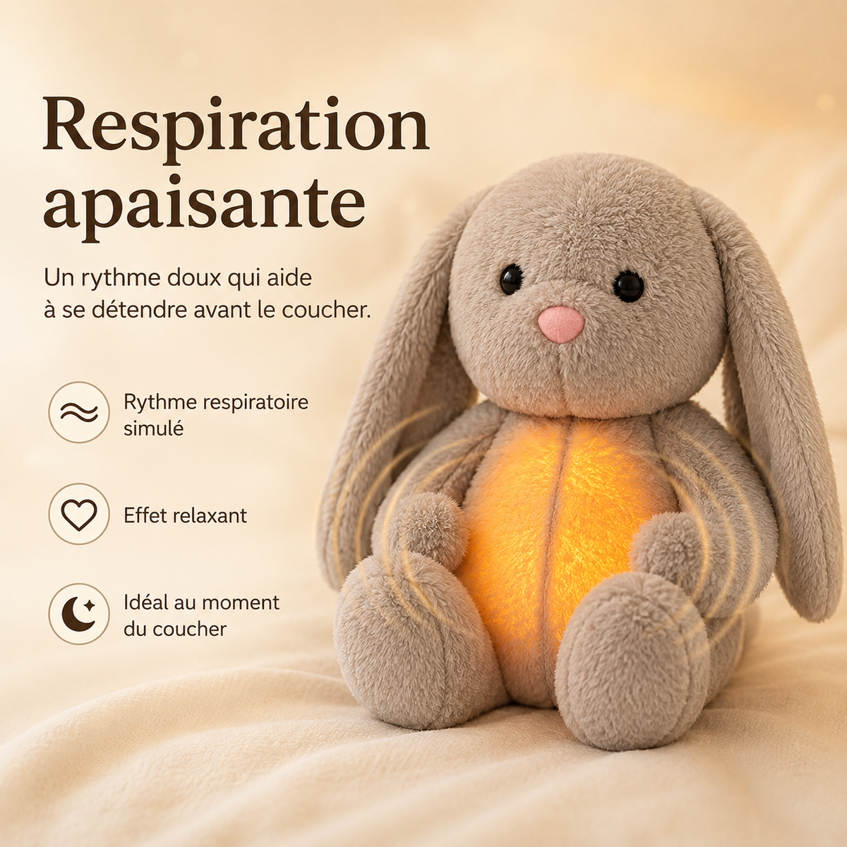 Grey bunny plush with long floppy ears and a warm amber glow on its tummy, shown on a cream blanket with feature icons. 2