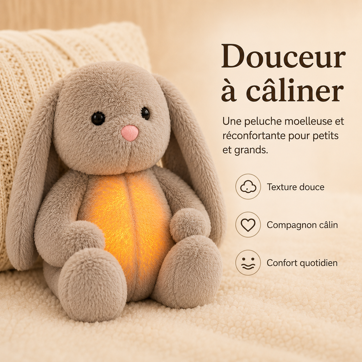 Grey bunny plush with glowing tummy sitting against a knitted cream cushion, shown to highlight its soft, cuddly texture. 3