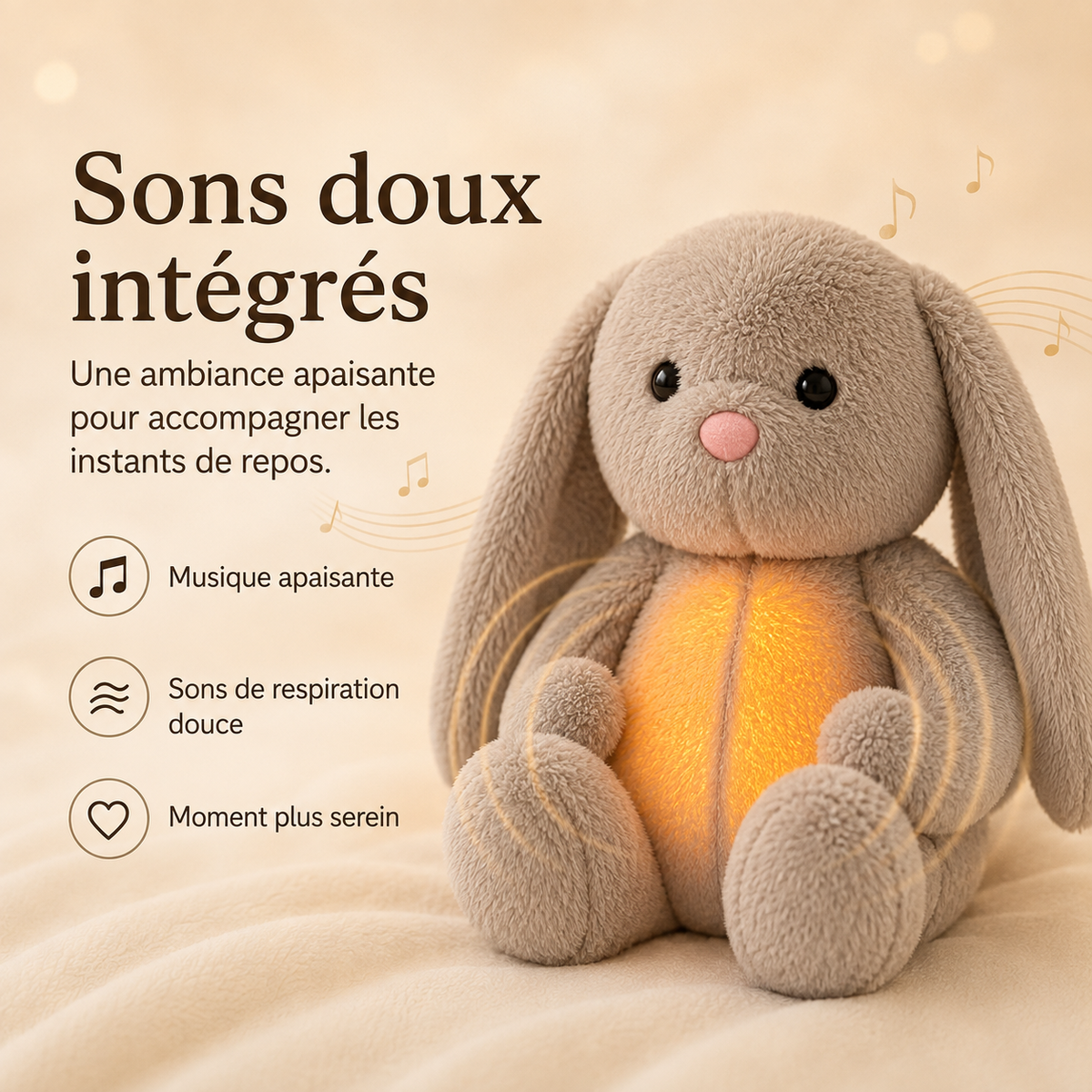 Grey bunny plush with glowing tummy on a cream blanket, with musical notes floating around it to suggest built-in soothing sounds. 4