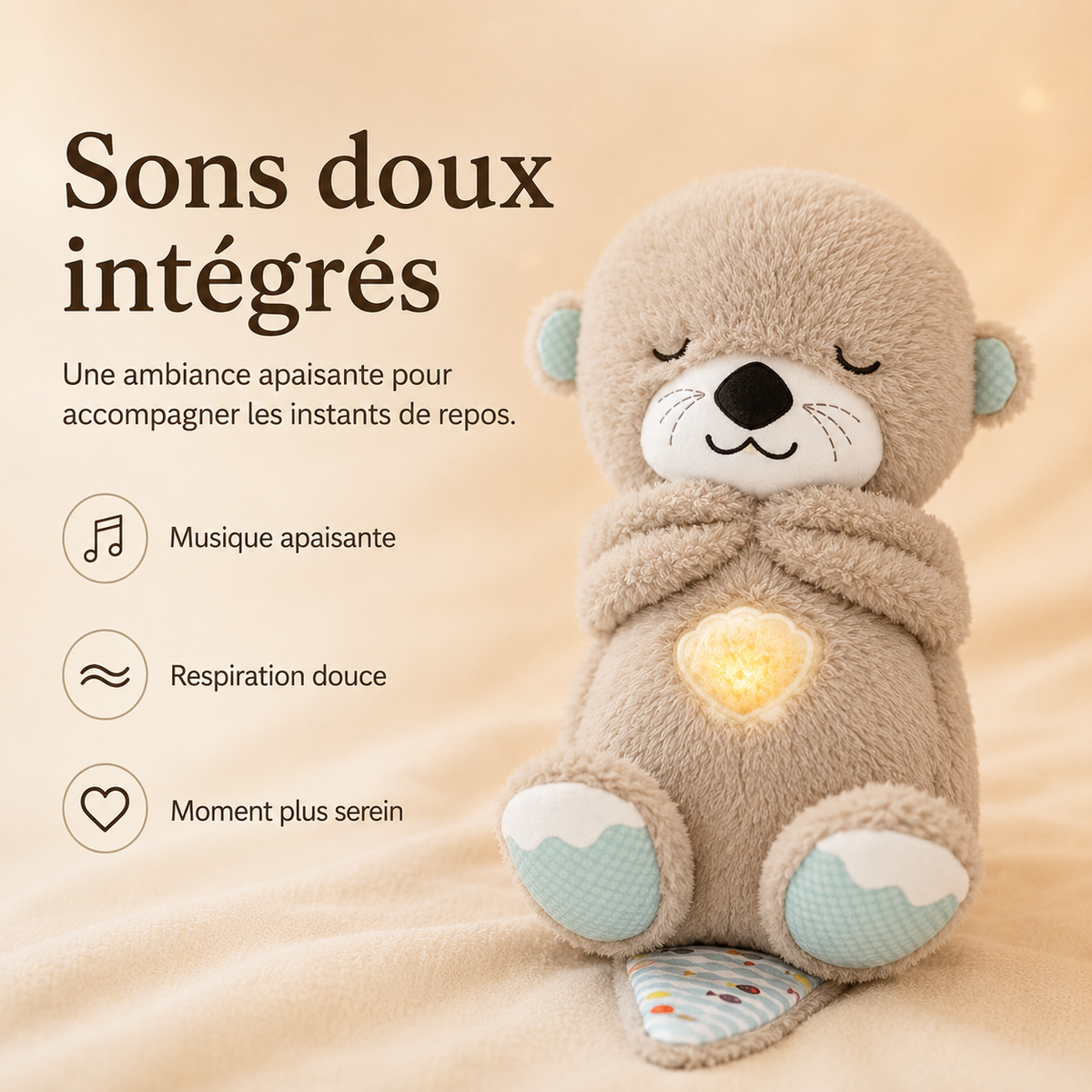Sleepy otter plush with eyes closed, paws together, turquoise ears and feet, and a glowing shell-shaped light on its tummy. 6