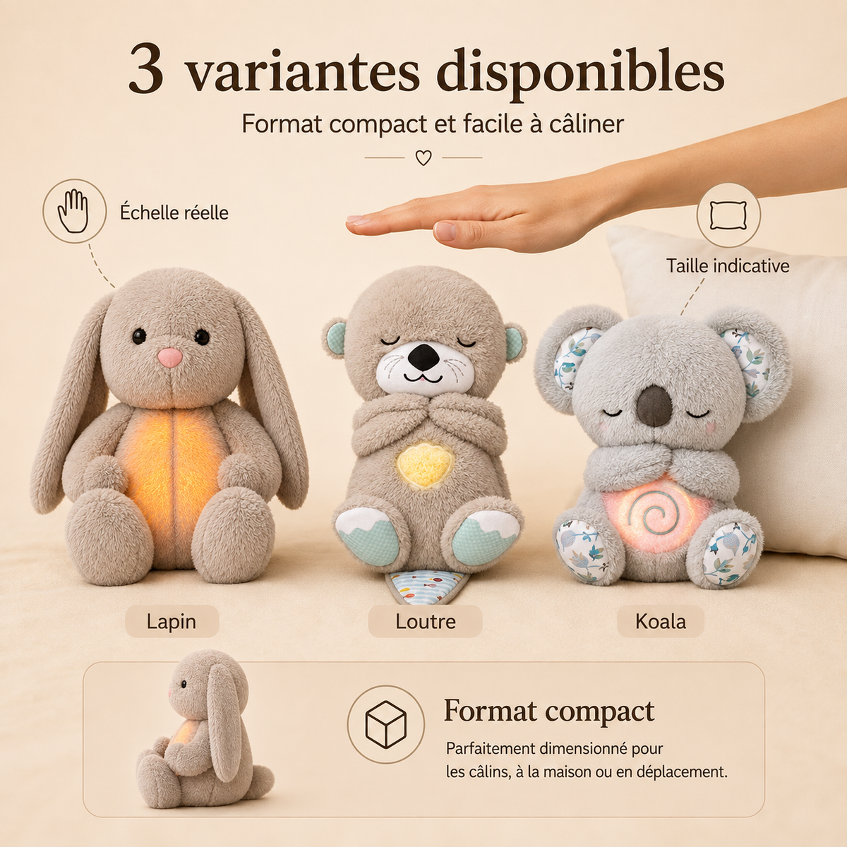 Bunny, otter and koala plush side by side beneath a hand for scale, showing the three variants available. 7