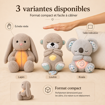 Bunny, otter and koala plush side by side beneath a hand for scale, showing the three variants available. 7