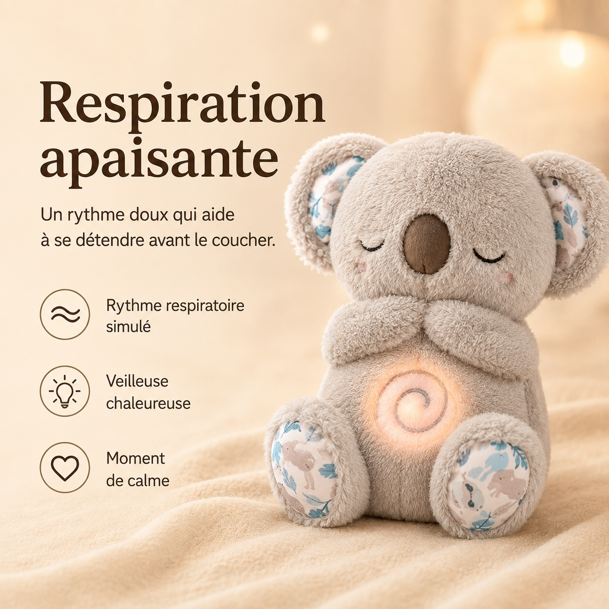 Sleepy grey koala plush with patterned ears and feet and a glowing swirl on its tummy, sitting on a cream blanket. 8