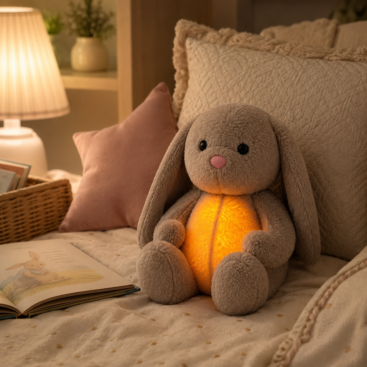 Grey bunny plush glowing amber on a bed with cushions, an open picture book and a lit bedside lamp. 11