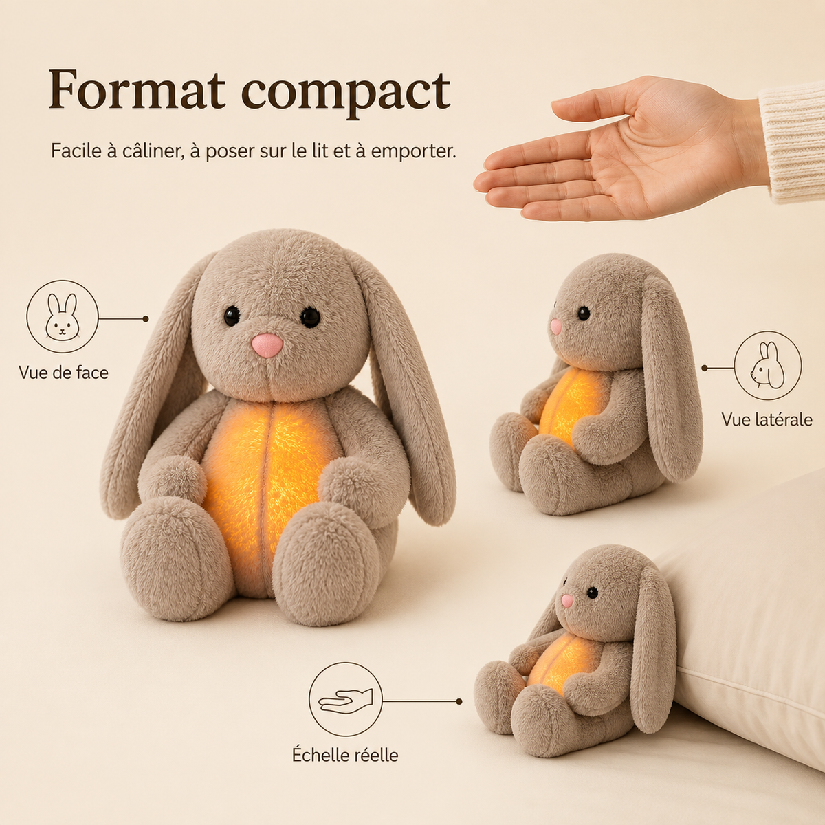Grey bunny plush shown from the front and side, with a hand above for scale and a cushion beside it. 9
