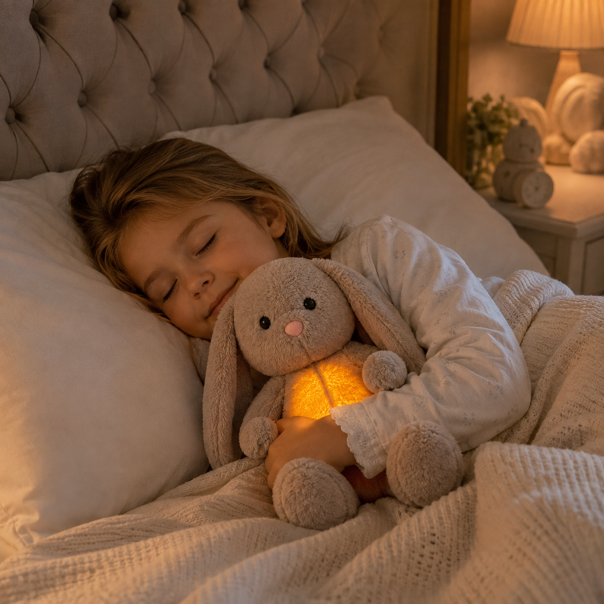 Young girl asleep in bed in pyjamas, cuddling a grey bunny plush whose tummy glows warmly. 13