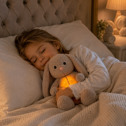 Young girl asleep in bed in pyjamas, cuddling a grey bunny plush whose tummy glows warmly. 13