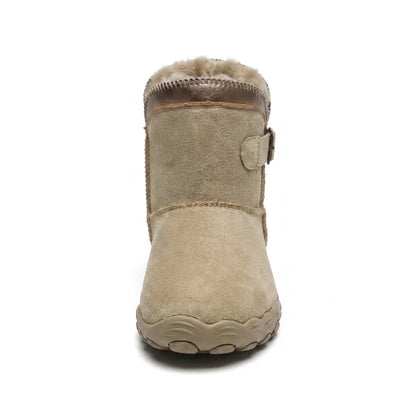 Front view of a beige suede boot showing the rounded wide toe and fleece collar 8