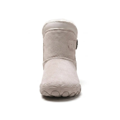 Front view of a beige-grey suede boot showing the broad rounded toe, fleece collar and side buckle 35