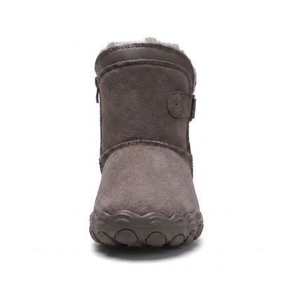 Front view of a taupe suede ankle boot showing the broad rounded toe, fleece collar and side zip 44