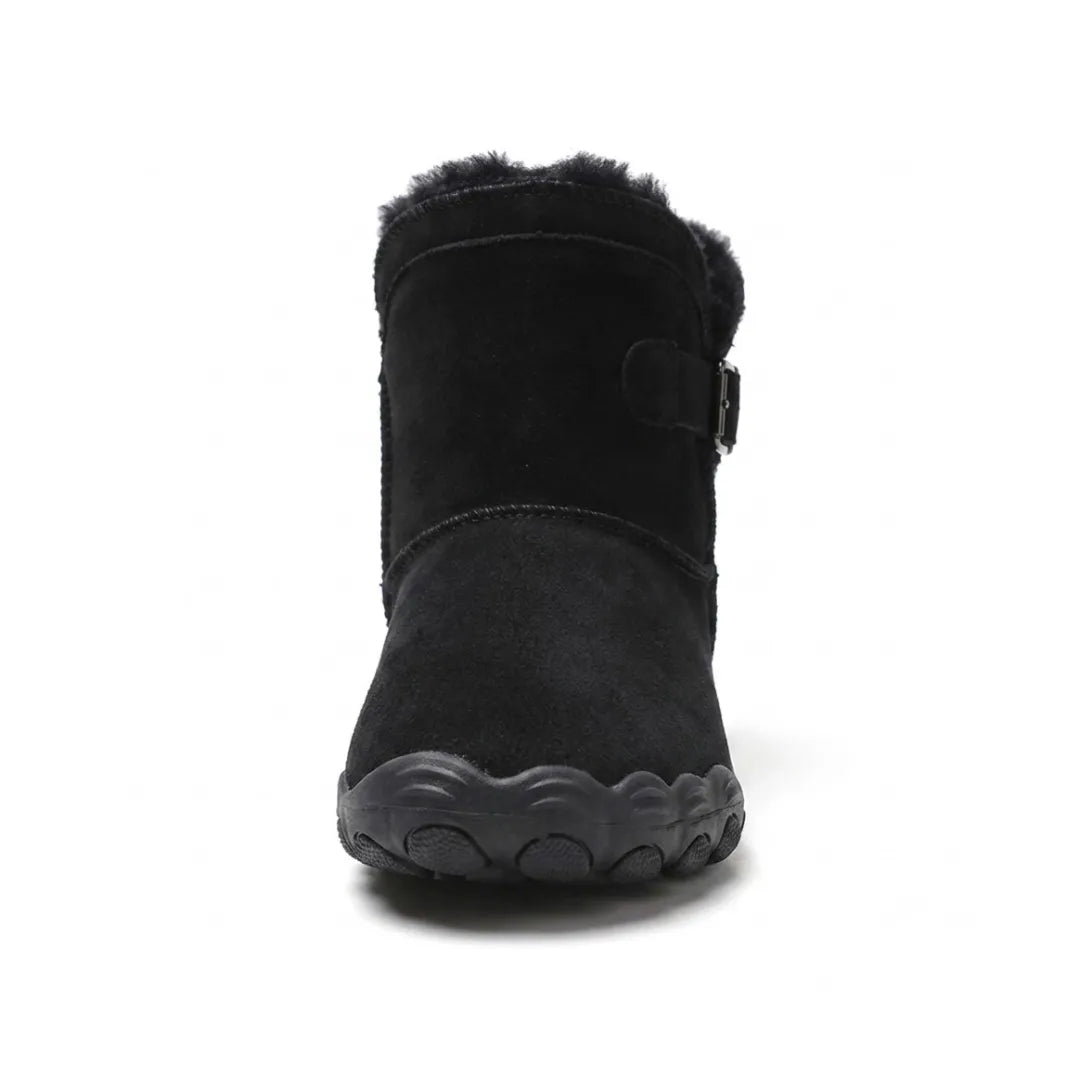 Front view of a black suede boot showing the rounded wide toe and fleece collar 17