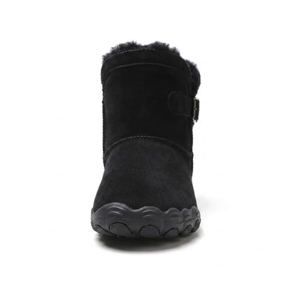Front view of a black suede boot showing the rounded wide toe and fleece collar 17