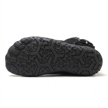 Underside of a black boot showing the hexagonal tread pattern and separate toe pads 18