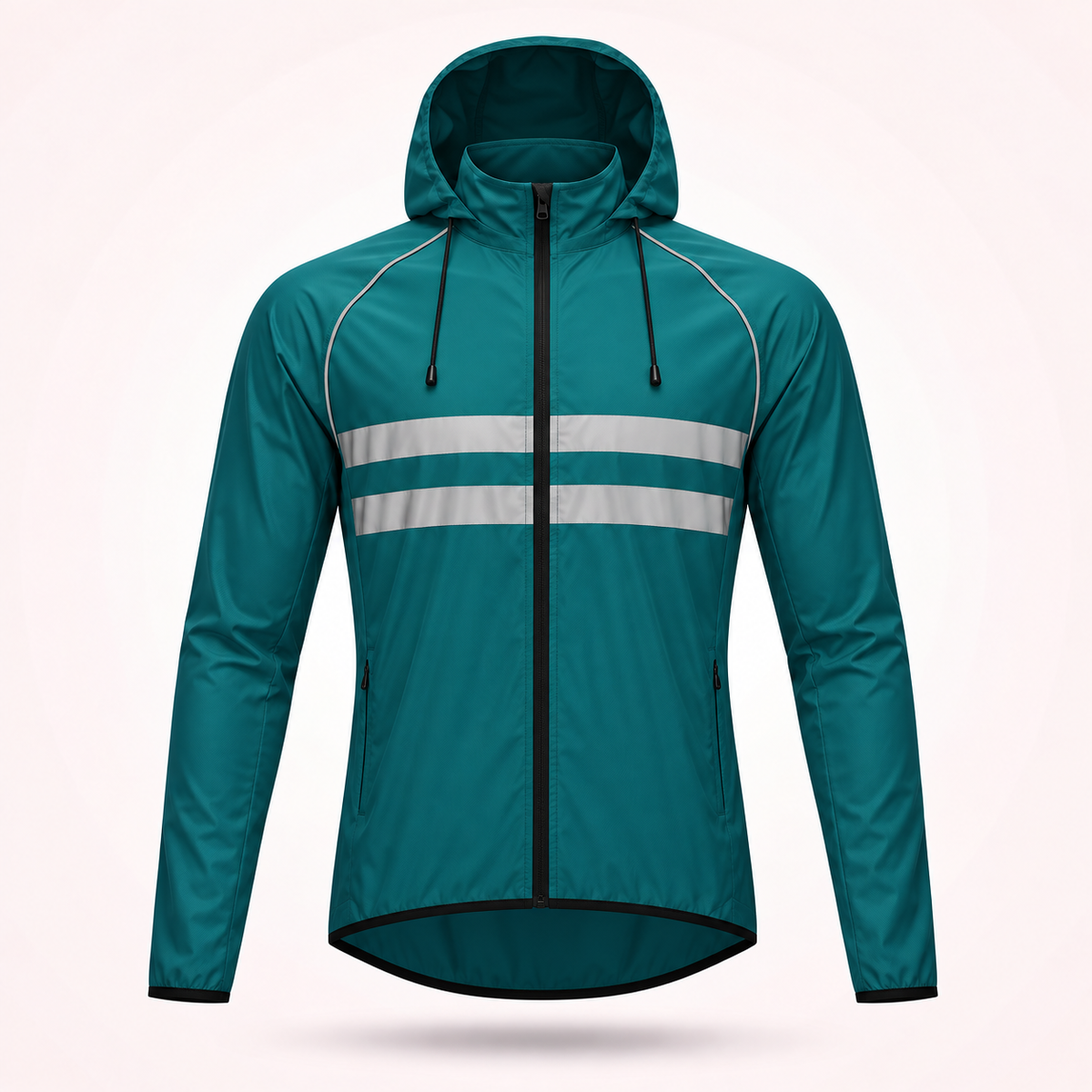 Front view of the teal hooded version with drawcord hood, zipped hand pockets and two reflective chest stripes. 18