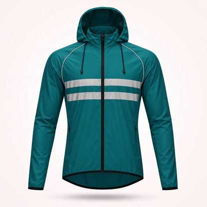 Front view of the teal hooded version with drawcord hood, zipped hand pockets and two reflective chest stripes. 18