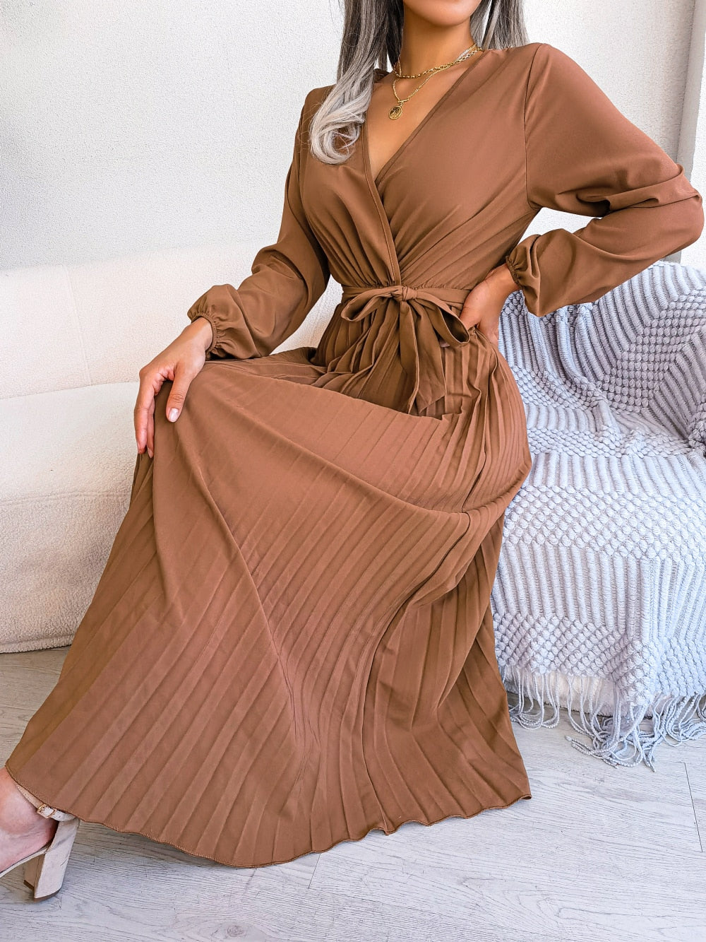 Pleated Maxi Dress With Lantern Sleeves - Ashley