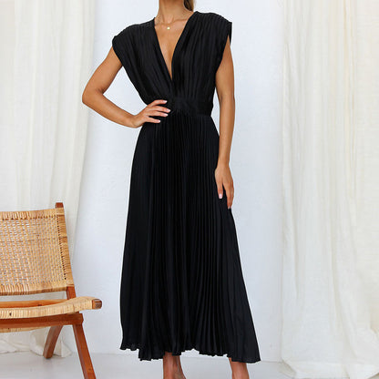 Pleated Midi Dress With V-Neckline - Sandy